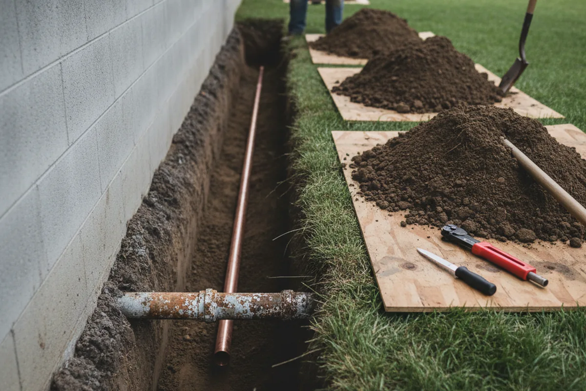 Excavated water line trench during Sewer Line Repair in Oakdale